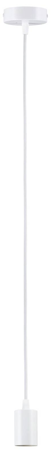 Biela závesná lampa s jednoduchým dizajnom, pozostávajúca z valcového tienidla a dlhého kábla.