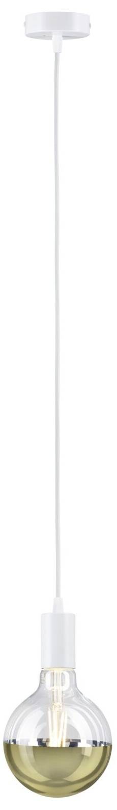 Jedna samostatná visiacej žiarovka s bielym káblom a zlatou objímkou.
