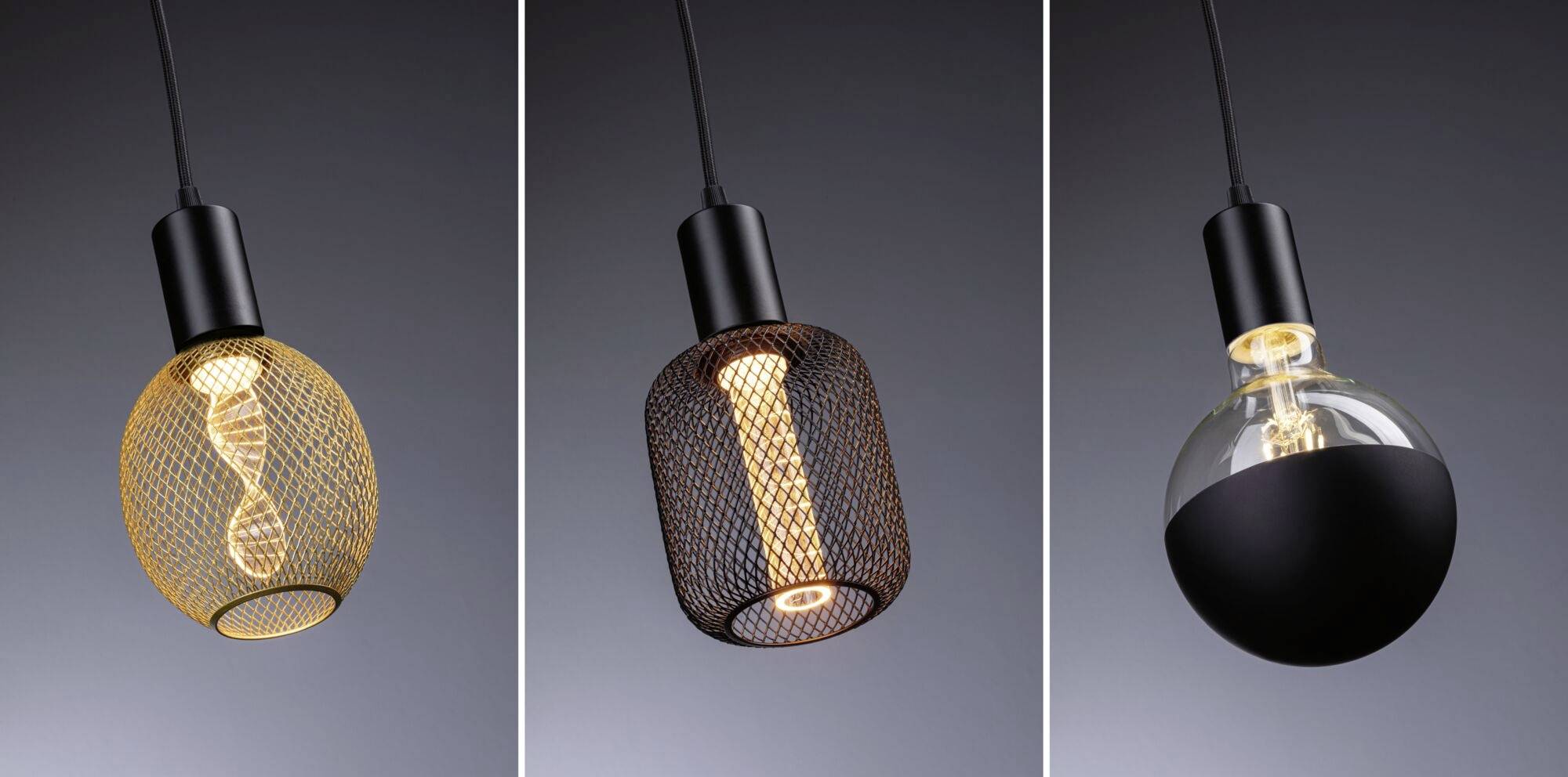 Tri moderné závesné lampy s rôznymi tienidlami: okrúhly mriežkový tvar, cylindrický mriežkový tvar, polguľový čierno-sklenený dizajn.
