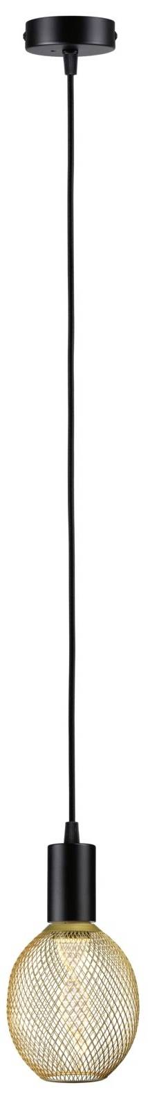 Závesná stolová lampa s čiernym káblom a kovovým, guľovitým tienidlom v geometrickom dizajne.