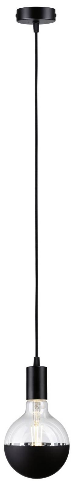 Jednoduchá, moderná, čierna závesná lampa s priehľadným skleneným tienidlom a viditeľným žeraviacim vláknom, vhodná pre minimalistické dekorácie.