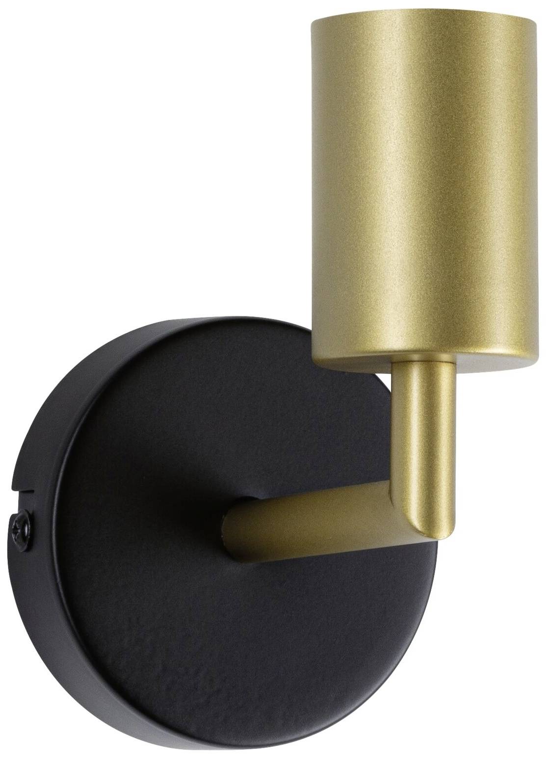 Nástenná lampa s čiernou okrúhlou základňou a zlatým valcovitým tienidlom. Moderný a minimalistický dizajn.