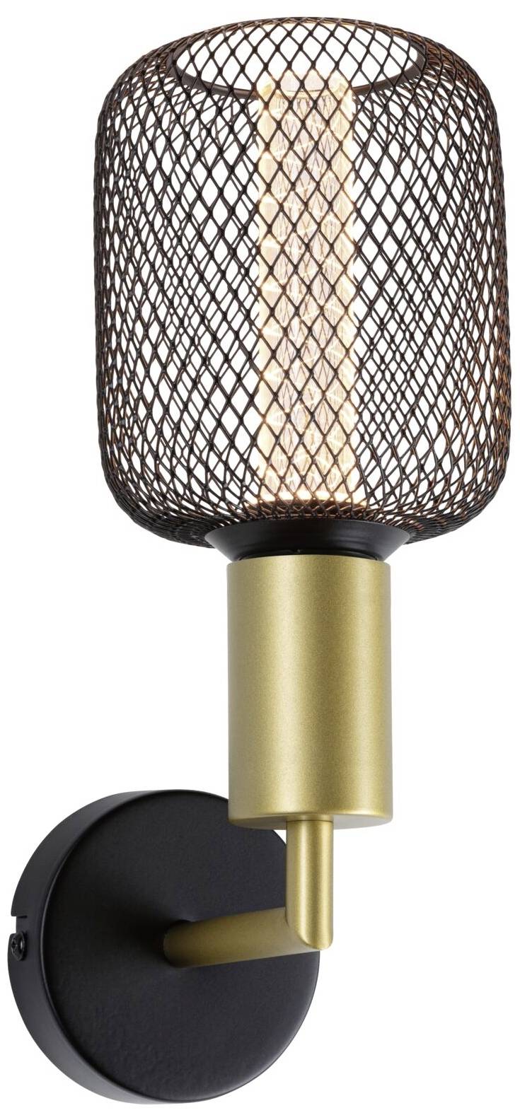 Nástenná lampa s čiernym mriežkovým krytom a zlatým podstavcom, vyžarujúca svetlo z valcovitého svetelného prvku.