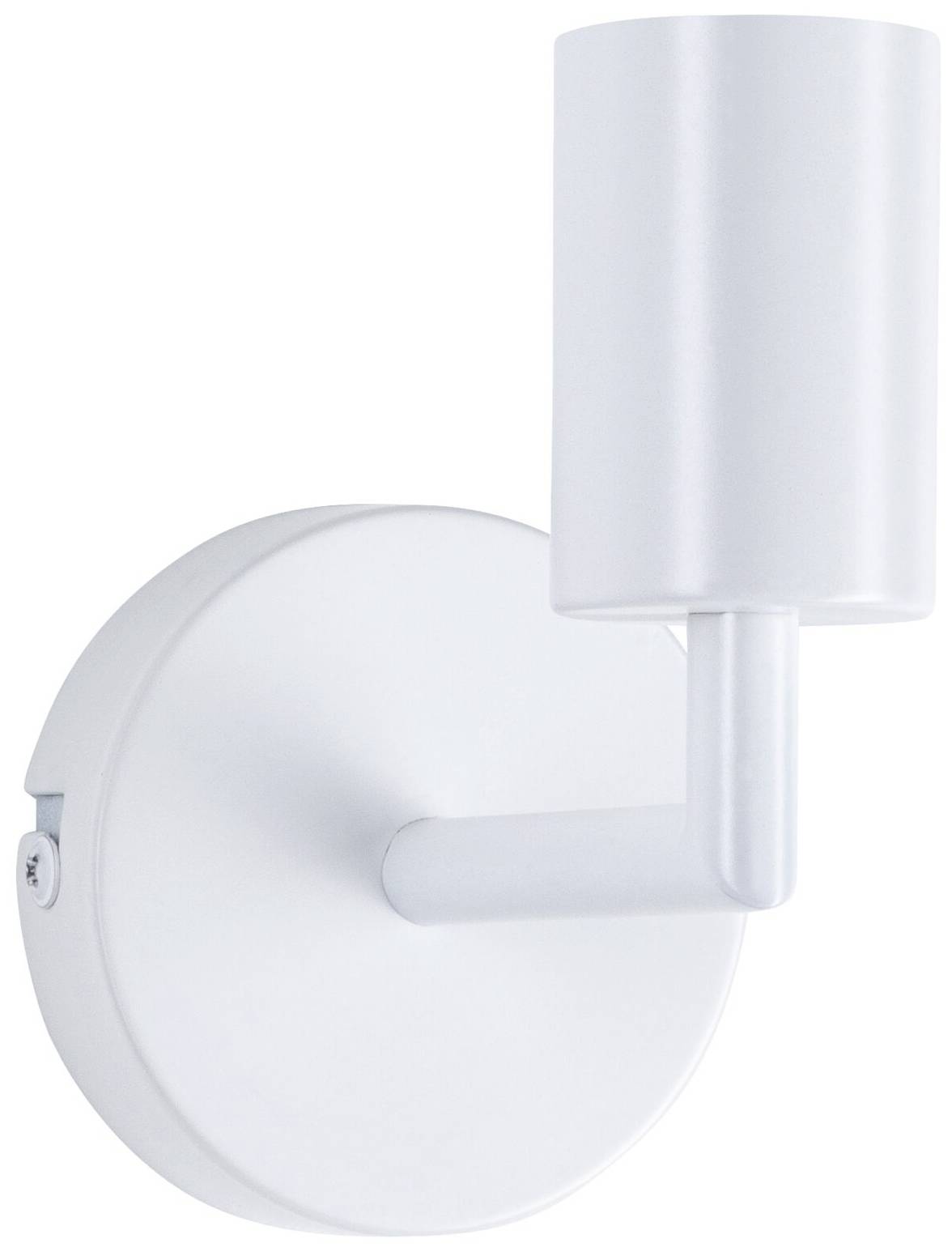 Moderná, minimalistická nástenná lampa s valcovitým tienidlom a okrúhlou základňou, kompletne v bielej farbe.