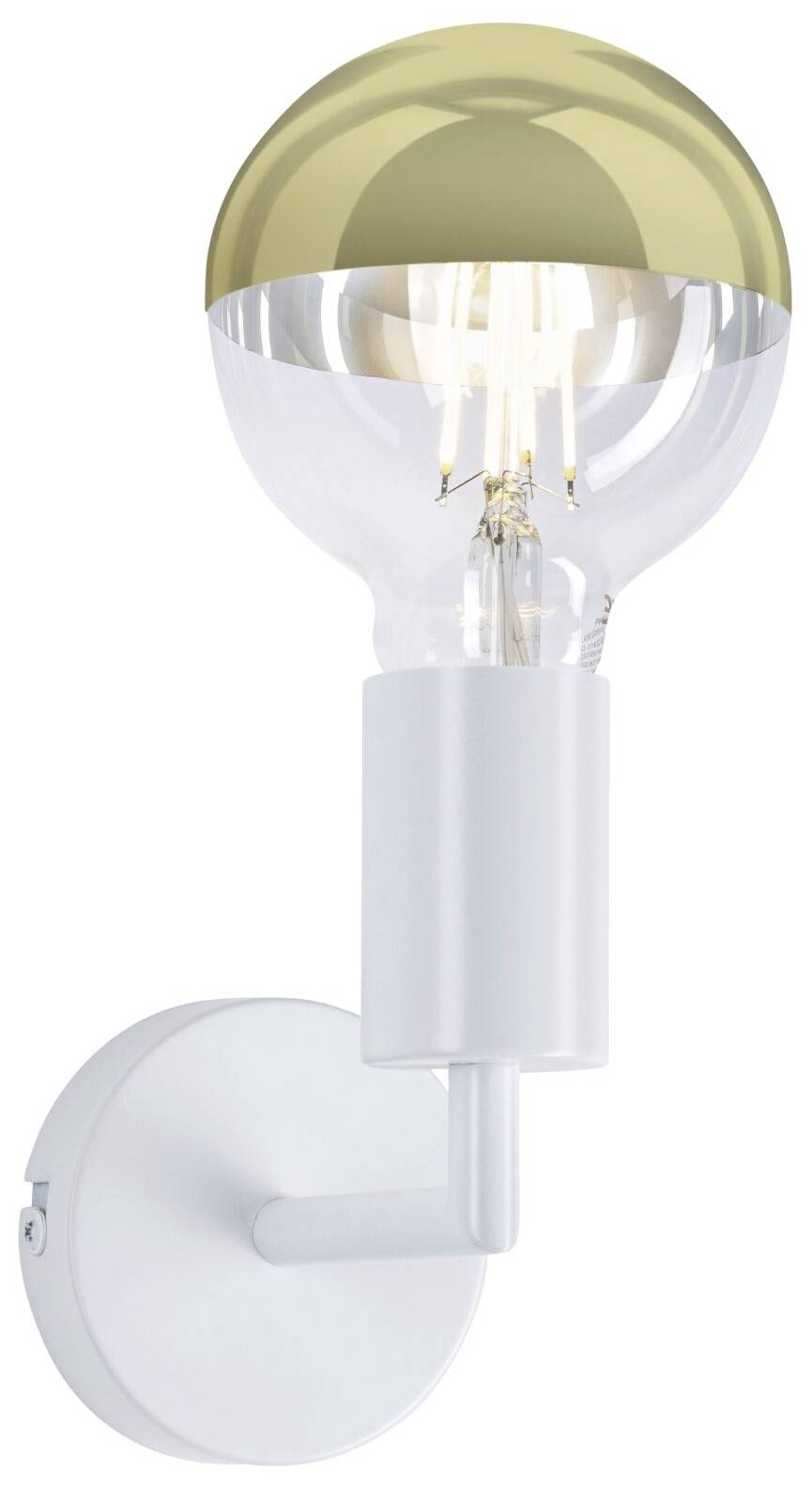 Lampa v modernom dizajne so zlatým odtieňom žiarovky a bielym držiakom, určená na namontovanie na stenu.