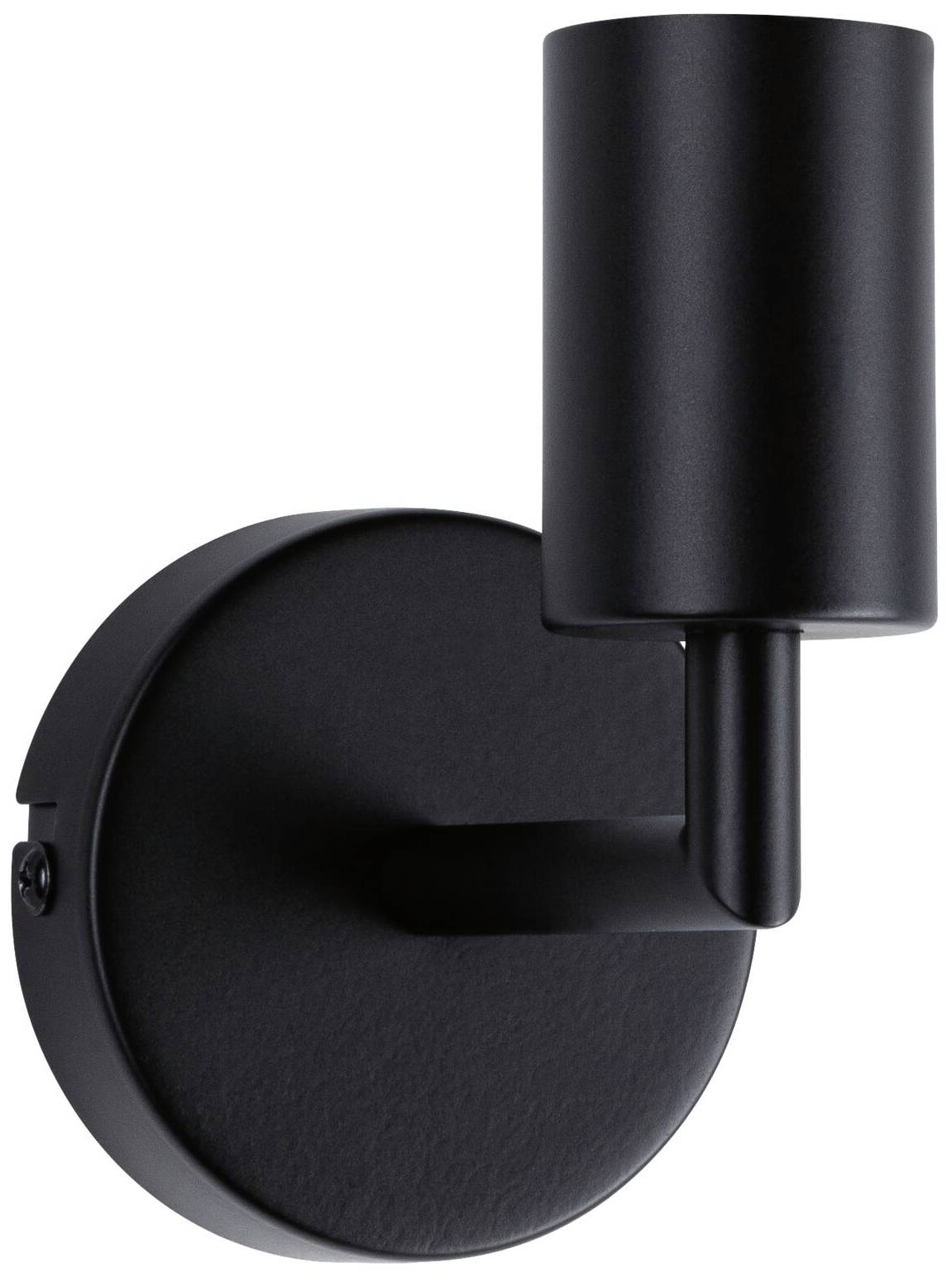 Čierna cylindrická nástenná lampa s okrúhlou základňou. Moderný dizajn, vhodný pre interiérové osvetlenie.