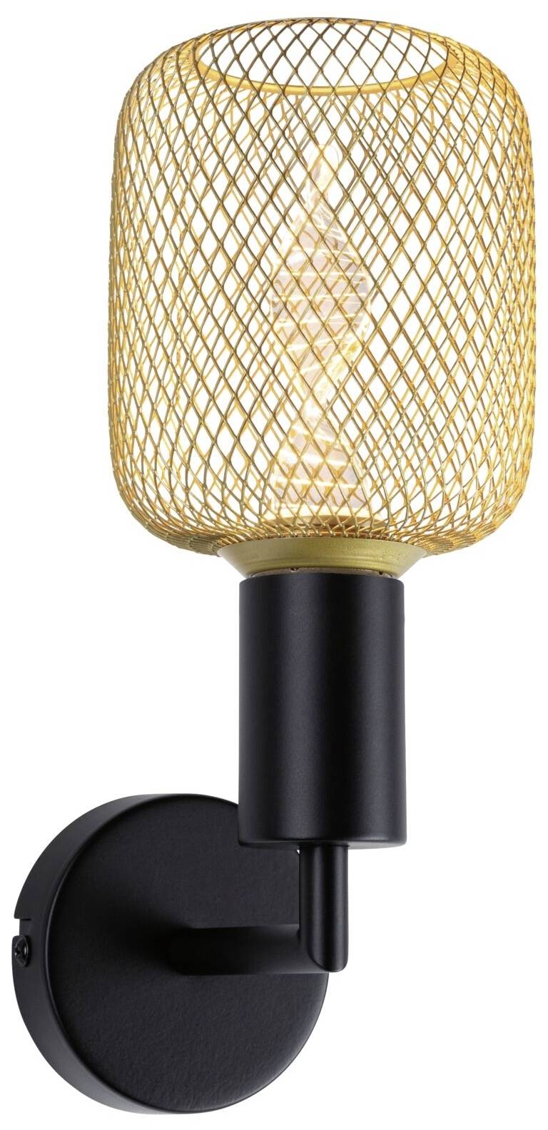 Nástenná lampa z čierneho kovu so zlatým mriežkovitým tienidlom.