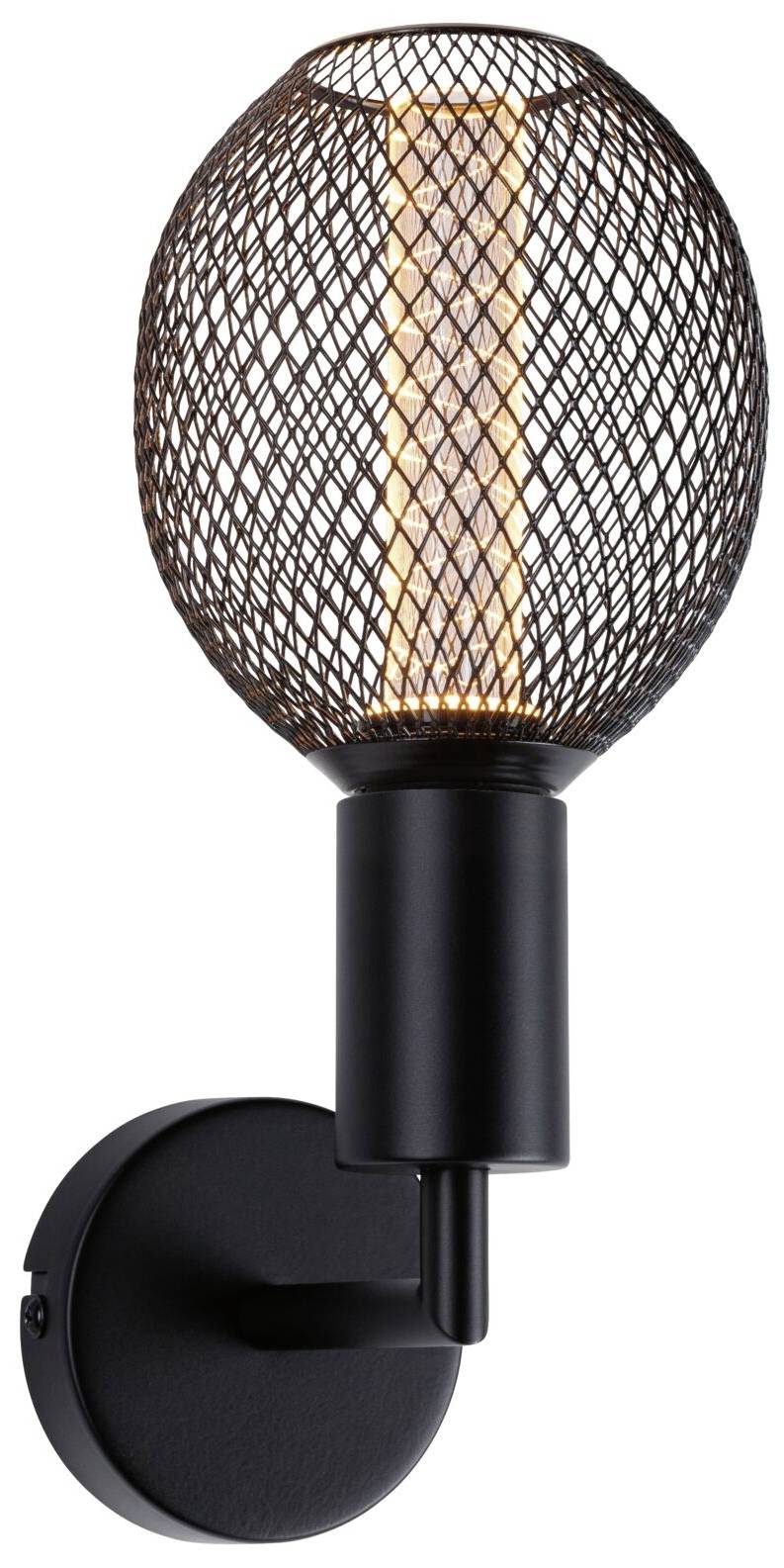 Čierna nástenná lampa s oválnym, mriežkovitým tienidlom, ktoré vyžaruje teplé svetlo.