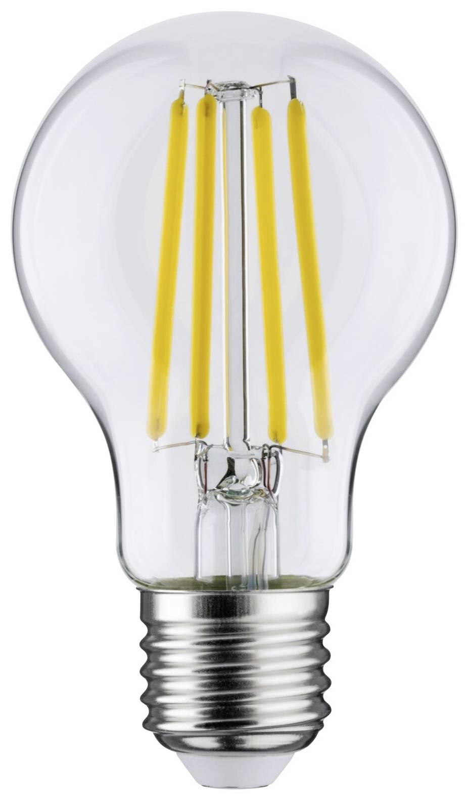 LED žiarovka s LED vláknami, priehľadné sklo, kovový úchyt.