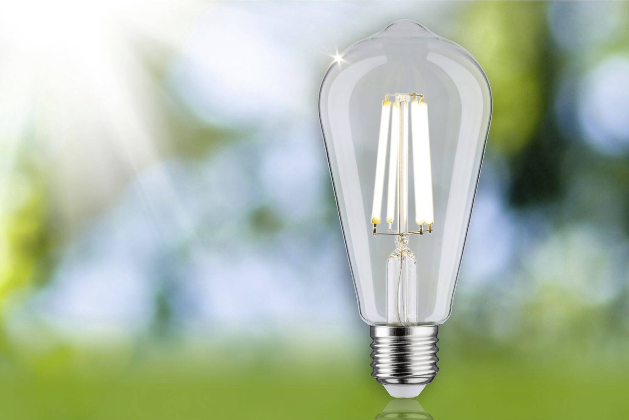 Žiarovka na rozmazanom pozadí počas denného svetla; symbol nápadu alebo energie.