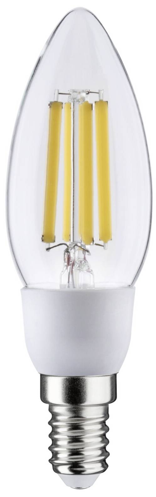 LED žiarovka s päticou E14, priesvitné sklo, viditeľné žiarivé vlákna, energeticky úsporná, v tvare hrušky.