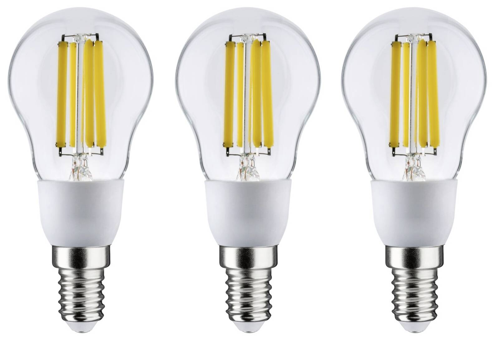 Tri LED žiarovky so soklom E14 vedľa seba; každá zobrazuje žlté vodivé dráhy vo vnútri.