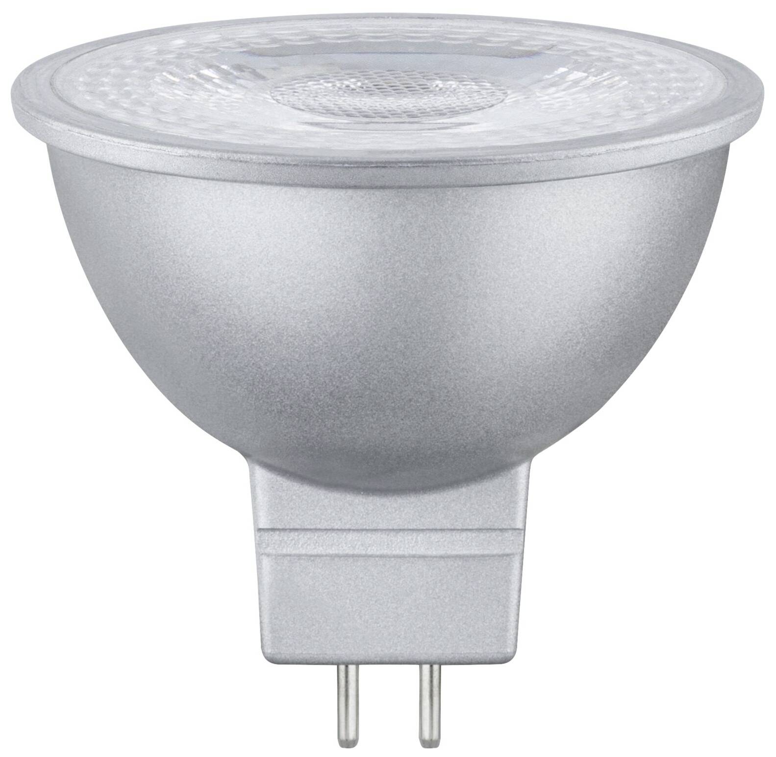 Strieborná LED bodová lampa so soklom GU5.3. Má hladký, reflektívny povrch a je vhodná na smerové osvetlenie.