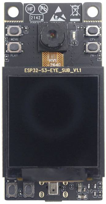 Elektronická doska s kamerou a displejom. Nad kamerou sú viditeľné ovládacie prvky. Popis: 'ESP32-S3-EYE_SUB_V1.1'.