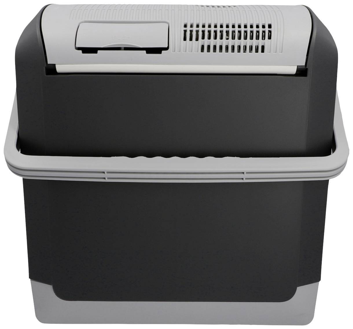 Kompaktný, prenosný chladničkový box v sivej a čiernej farbe s vekom, vhodný na cesty alebo do auta.