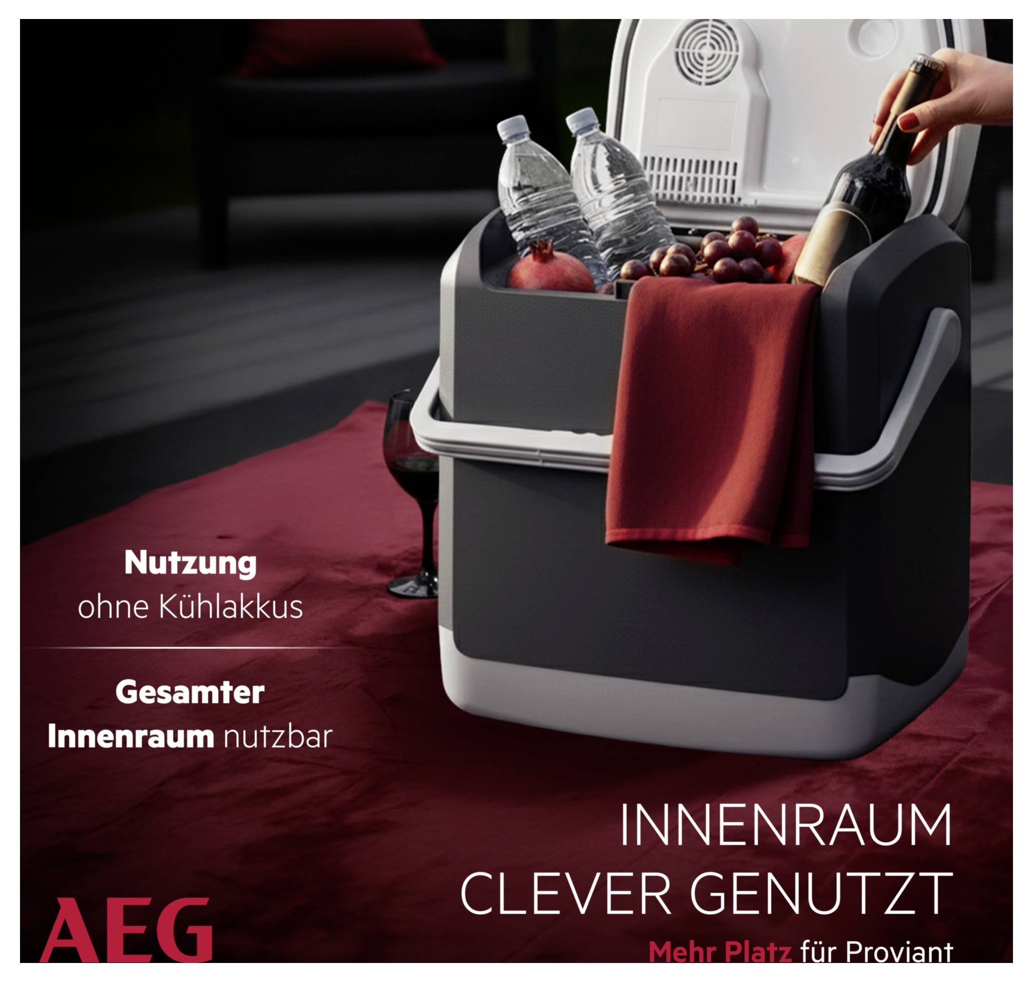 Prenosná chladička s otvoreným vekom obsahujúca fľaše, hrozno a jablká. Text: 'Použitie bez chladiacich akumulátorov', 'Celý vnútorný priestor je možné využiť', 'Vnútorný priestor je použitý inteligentne'.