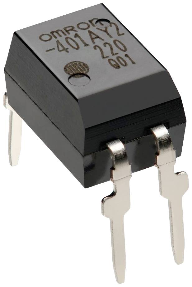 Čierna elektronická relé súčiastka so štyrmi kovovými kontaktmi, označená nápisom 'OMRON' a sériovou číslou.