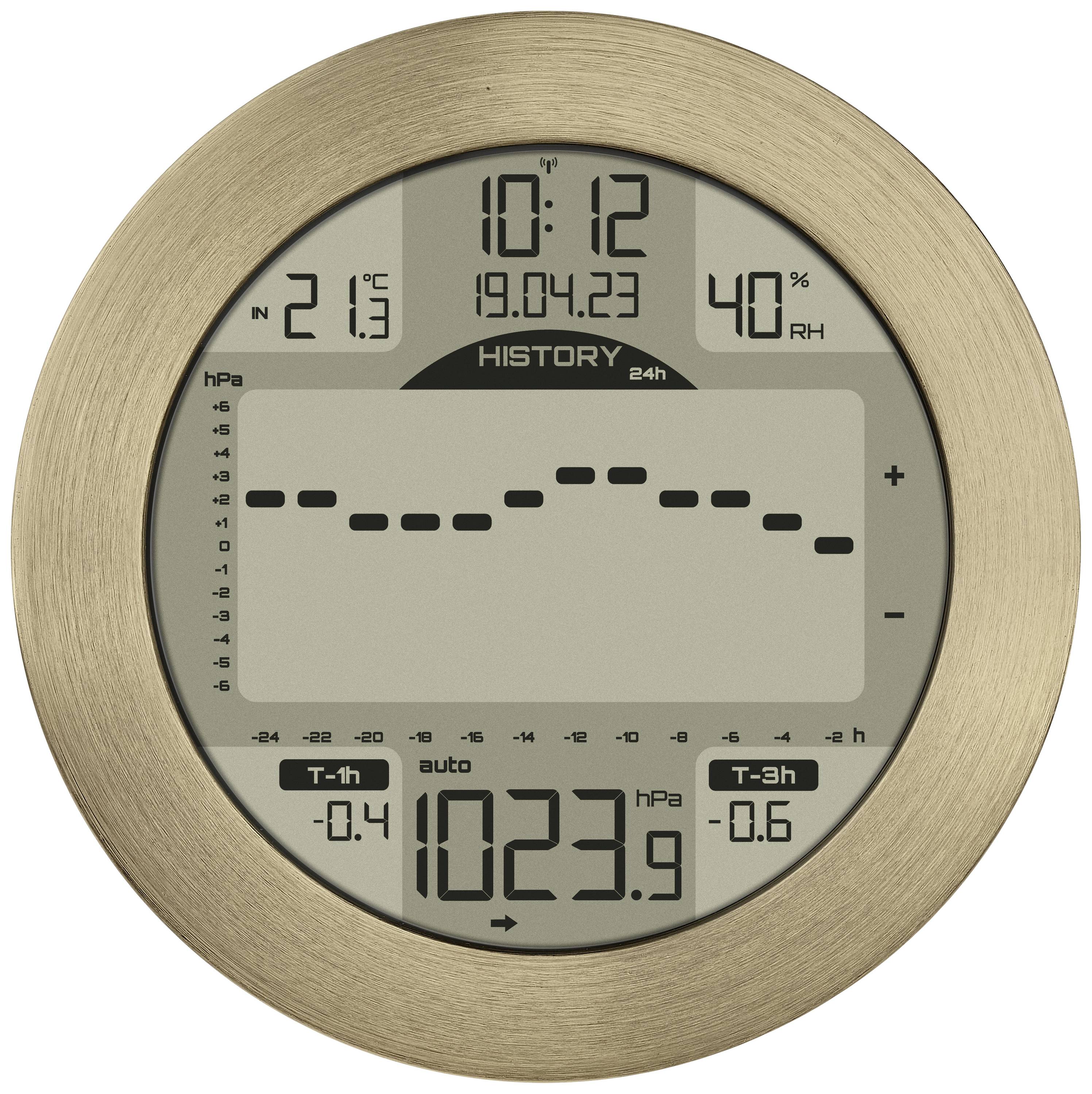 Digitálny barometer s historickým diagramom tlaku vzduchu, zobrazuje aktuálny tlak 1023,9 hPa, teplotu 21,3°C, vlhkosť vzduchu 40%.