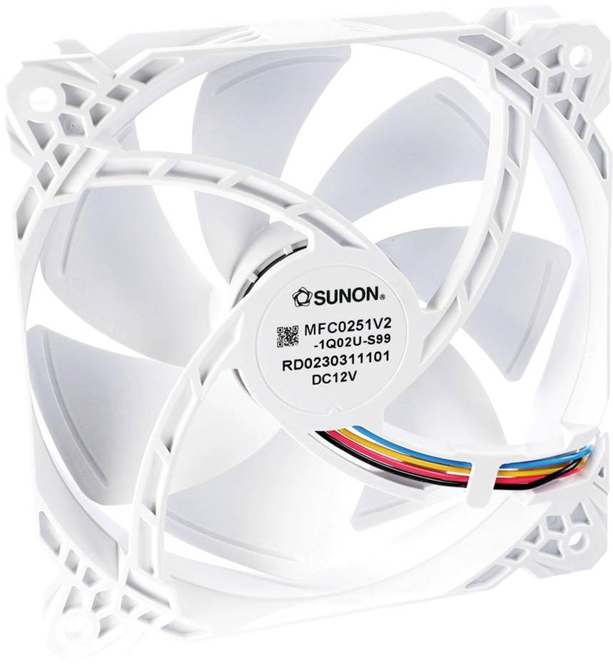 Biely chladiaci ventilátor s etiketou s nápisom 'SUNON MFC0251V2'. Viacfarebné drôty sa tiahnu z jeho stredu, navrhnuté pre elektronické chladenie.