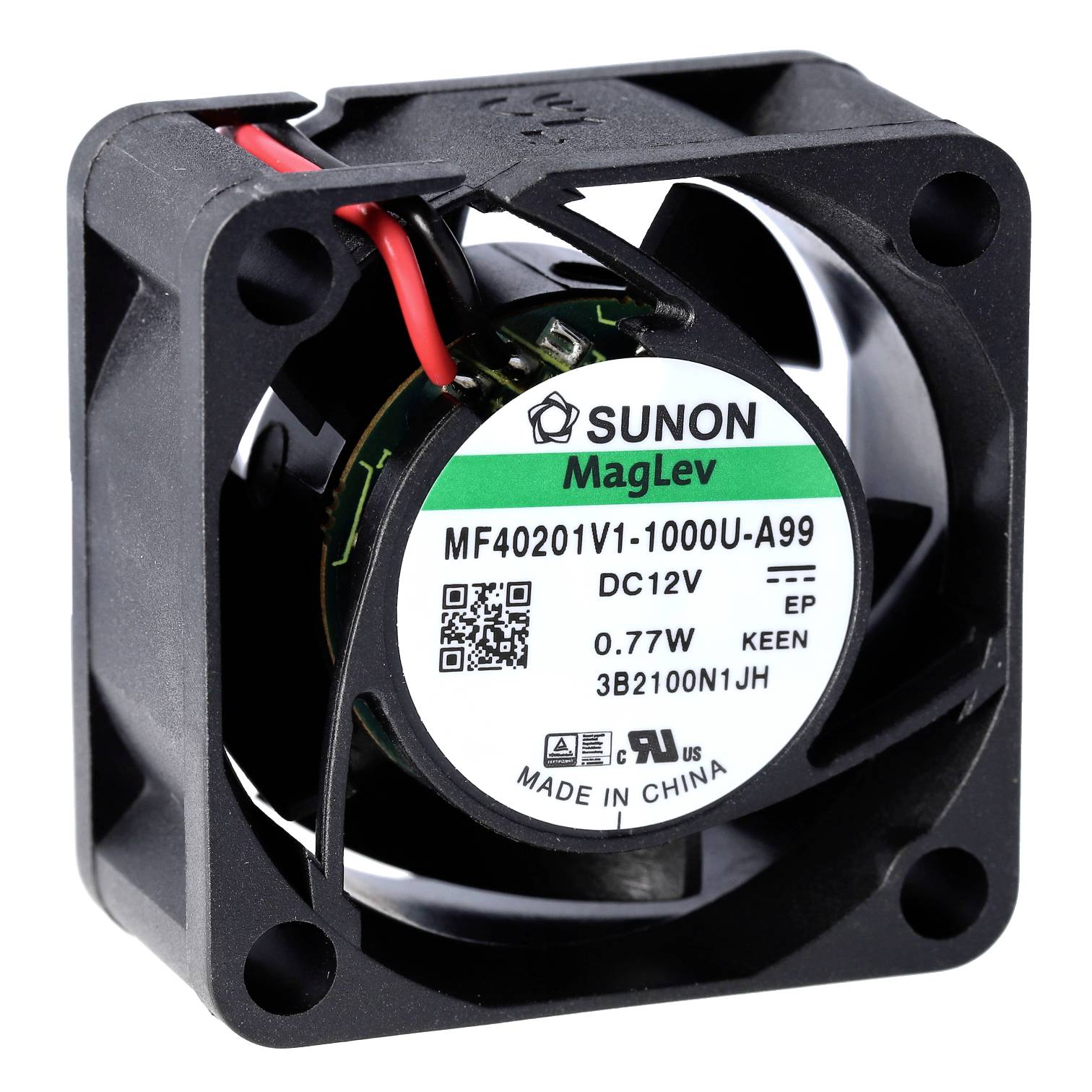 Malý čierny ventilátor značky Sunon, model MF40201V1-1000U-A99 so zeleným nápisom MagLev. Vhodný pre DC 12V, 0,77W.