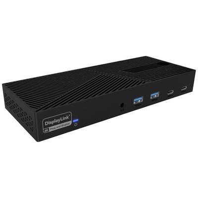 Čierna dokovacia stanica DisplayLink 4K s USB portami, konektorom pre slúchadlá a sieťovým vypínačom.