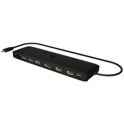 Čierna USB-C dokovacia stanica s viacerými portami: Ethernet, USB-A a USB-C, HDMI a DisplayPort.