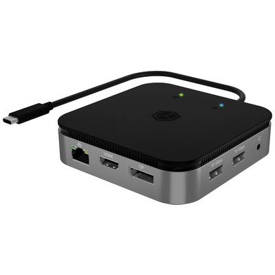 Čierny USB-C hub s viacerými portami: HDMI, DisplayPort a USB, ako aj ethernetový port. Ideálny pre konektivitu.