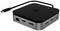 Čierny USB-C hub s viacerými portami: HDMI, DisplayPort a USB, ako aj ethernetový port. Ideálny pre konektivitu.