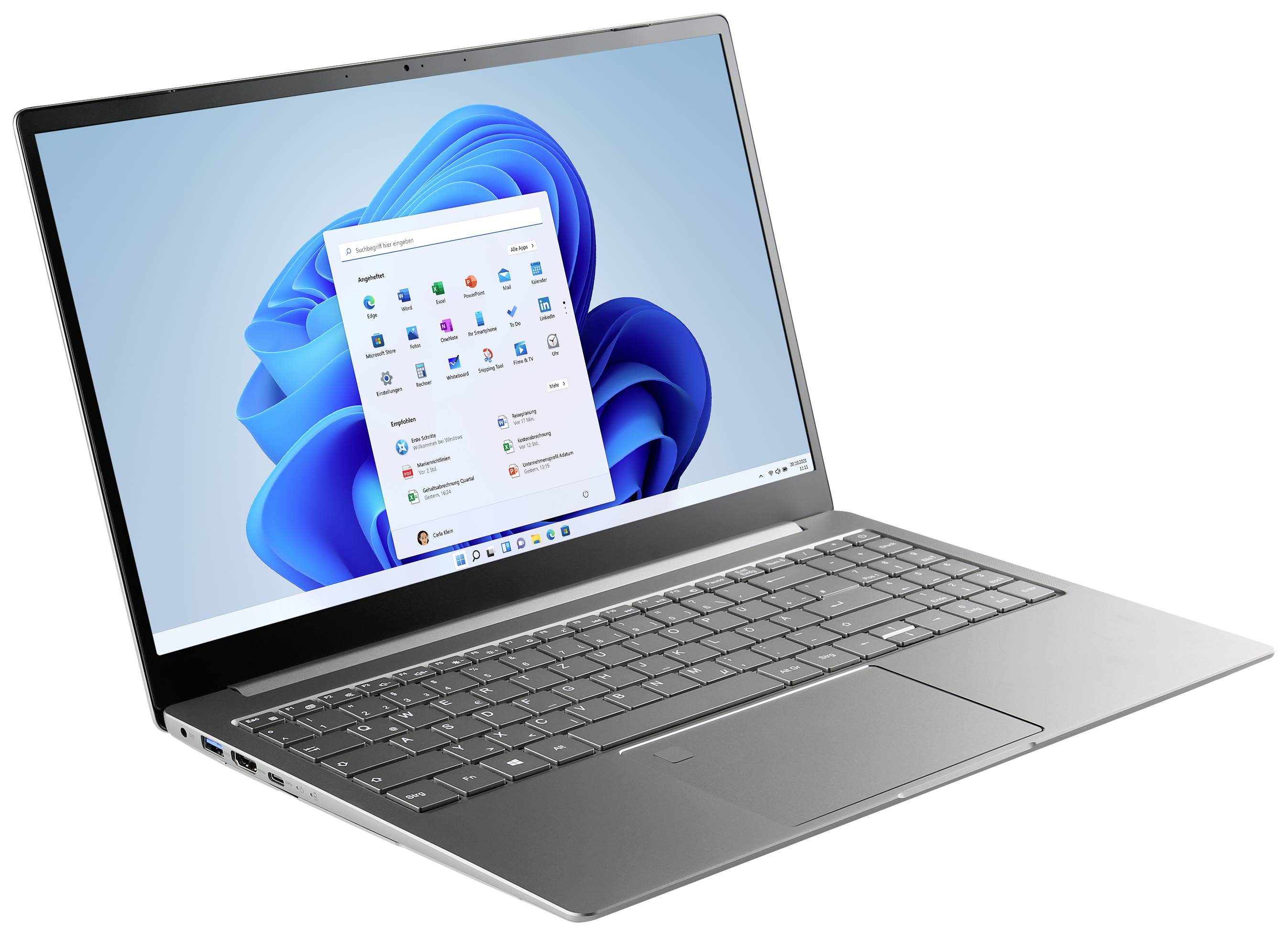 Moderný laptop s otvoreným operačným systémom Windows na obrazovke. Viditeľné je štartovacie menu s rôznymi ikonami aplikácií.