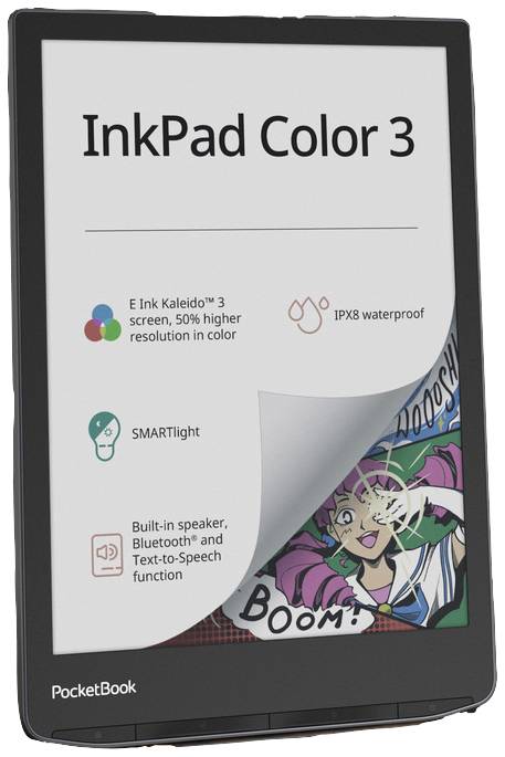 'E-čítačka PocketBook InkPad Color 3 s displejom E-Ink Kaleido 3, SMARTlight, Bluetooth, vodotesná, vstavané reproduktory.'