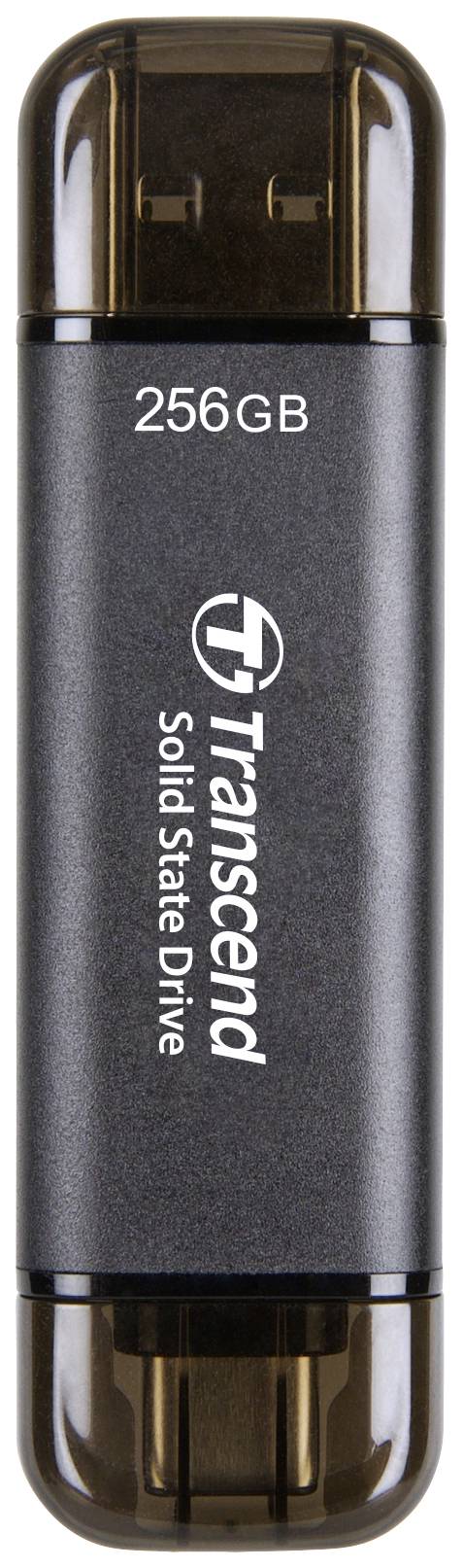Čierny USB kľúč s nápisom 'Transcend Solid State Drive', kapacita 256 GB.