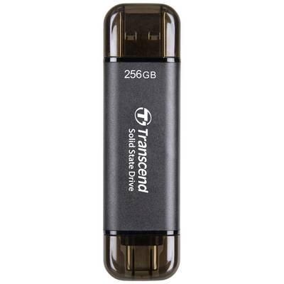 Čierny USB kľúč s nápisom 'Transcend Solid State Drive', kapacita 256 GB.