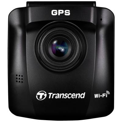 Čierna palubná kamera s nápisom 'GPS' v hornej časti a logami 'Transcend' a 'Wi-Fi' v spodnej časti, v strede viditeľná objektív kamery.