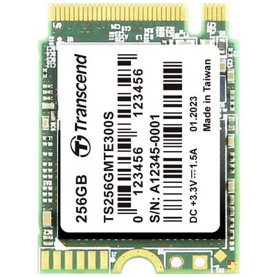 256 GB Transcend SSD s modelovým číslom TS256GMTE300S, sériové číslo A12345-0001, vyrobené na Taiwane, prevádzkové napätie DC +3.3V~1.5A.