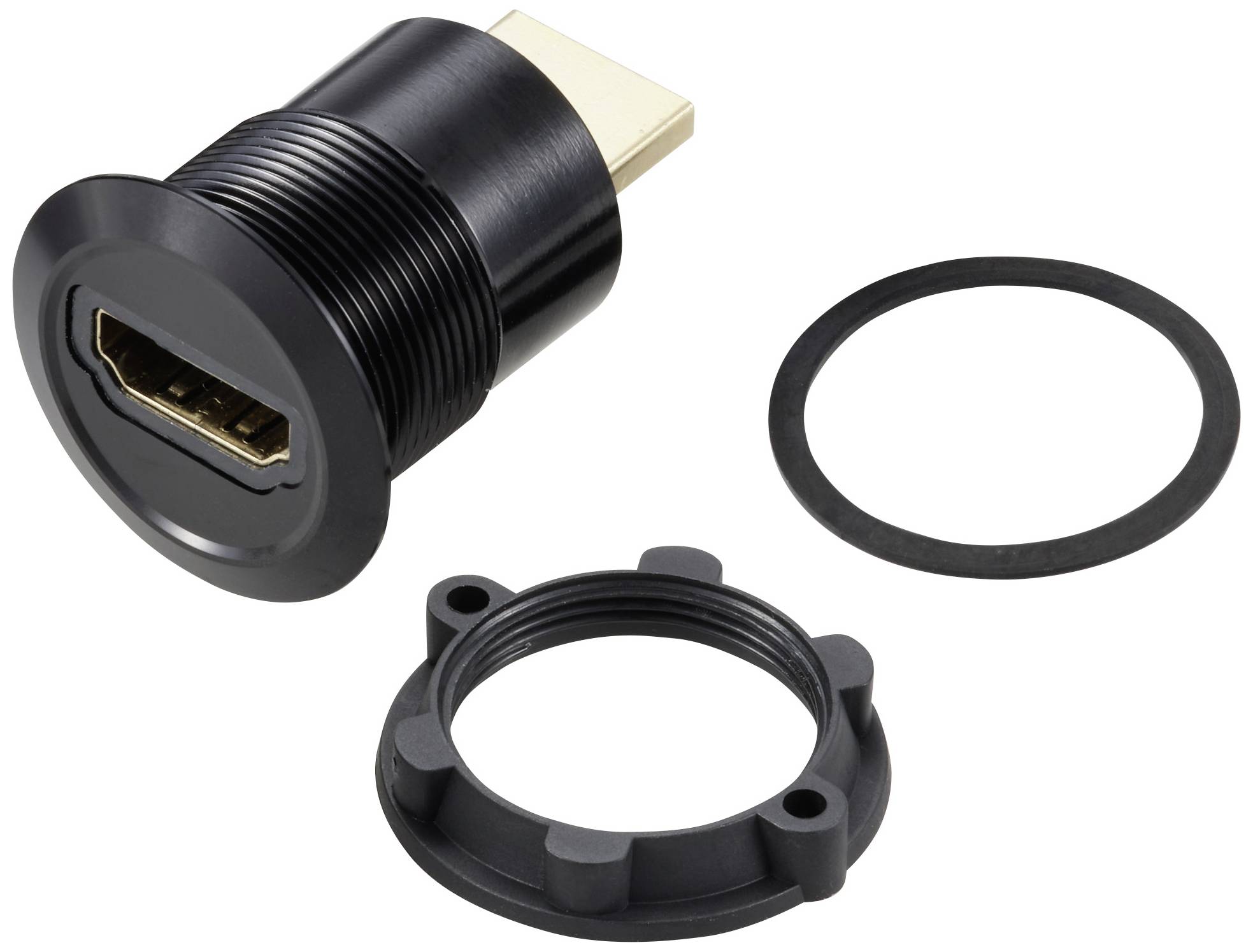 HDMI konektor s samičkou a gumovým tesnením, vhodný pre inštaláciu na stenu alebo do zariadenia. Ideálny pre pevné a spoľahlivé prepojenie.