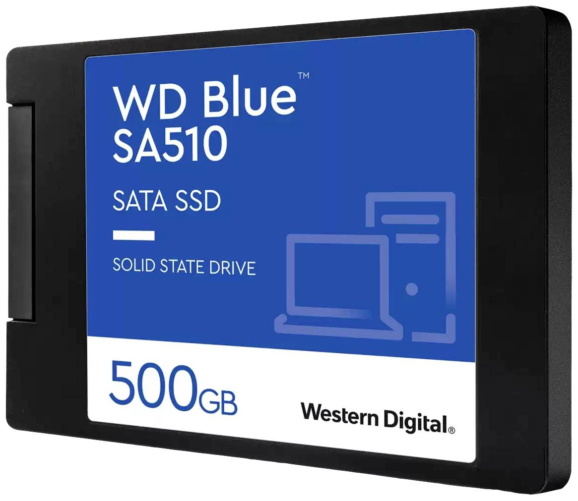 SSD disk WD Blue SA510 SATA s kapacitou 500 GB od spoločnosti Western Digital, zobrazený v čiernej farbe s modrým označením.