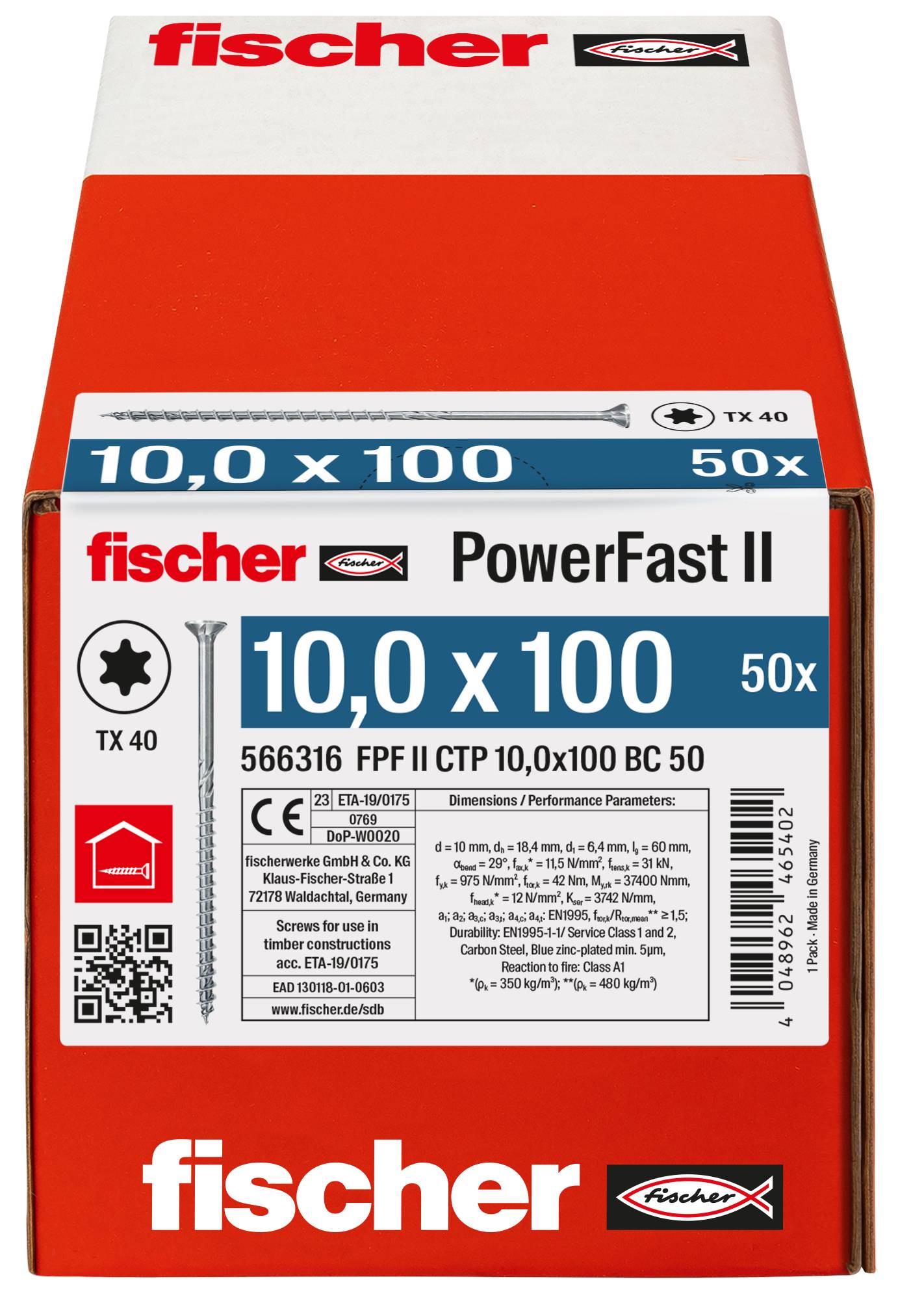 Krabička skrutiek Fischer PowerFast II, červeno-biely obal označený "10,0 x 100", "50x" a "TX 40".