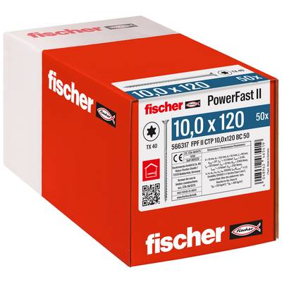 Červená schránka skrutiek Fischer PowerFast II s označením "10.0 x 120" a "50x" s podrobnosťami o produkte na prednej strane.