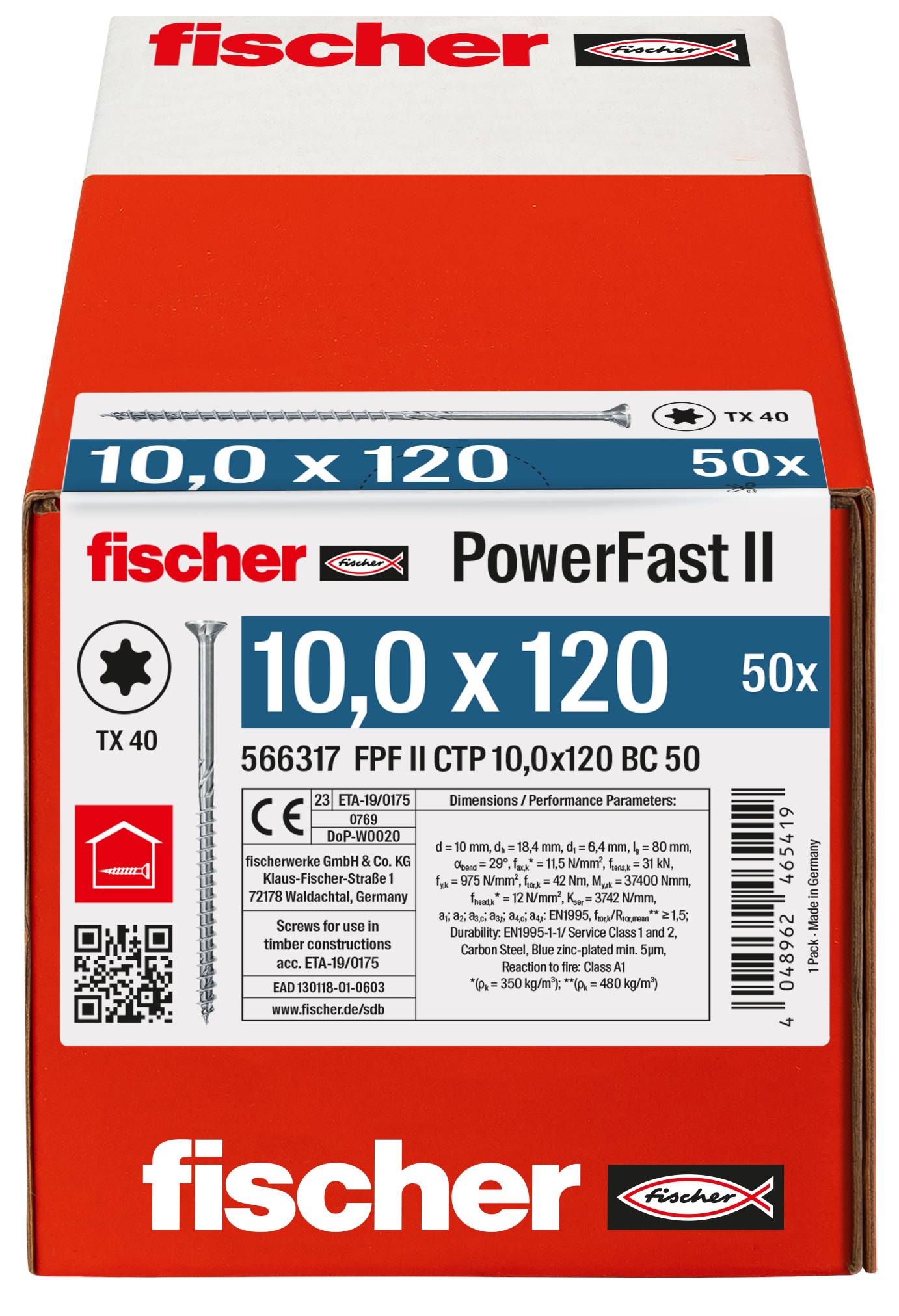 Krabica skrutiek Fischer PowerFast II s označením 10,0 x 120 a 50x, s podrobnosťami produktu a čiarovým kódom na prednej strane.