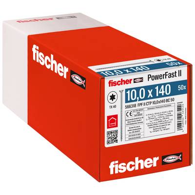 Červená krabica skrutiek Fischer PowerFast II označená 10,0 x 140, 50 ks, s podrobnosťami produktu na prednom paneli.