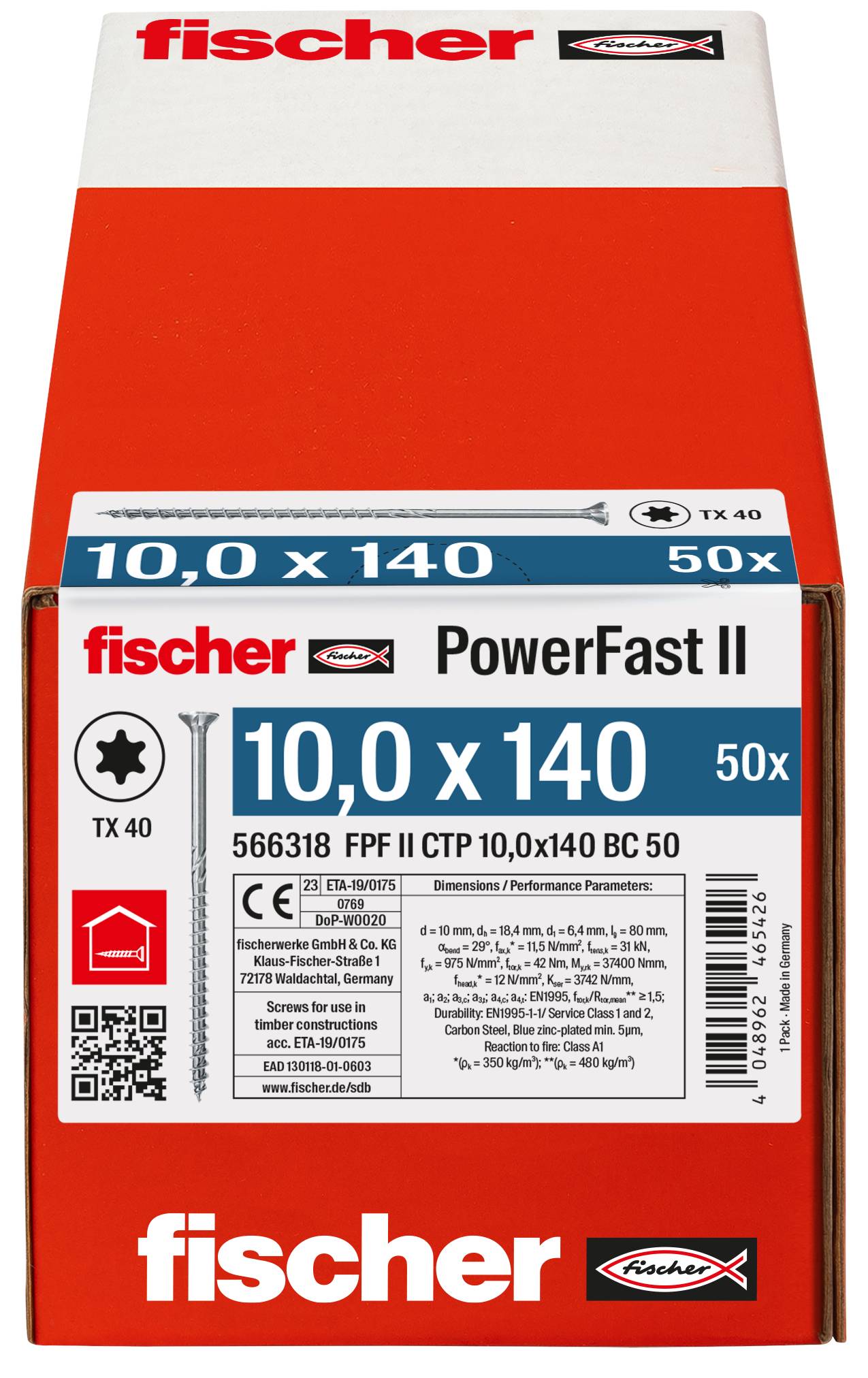 Červená a biela škatuľa skrutiek Fischer PowerFast II s označením '10,0 x 140' a '50x', s podrobnosťami o produkte a QR kódom na prednej strane.