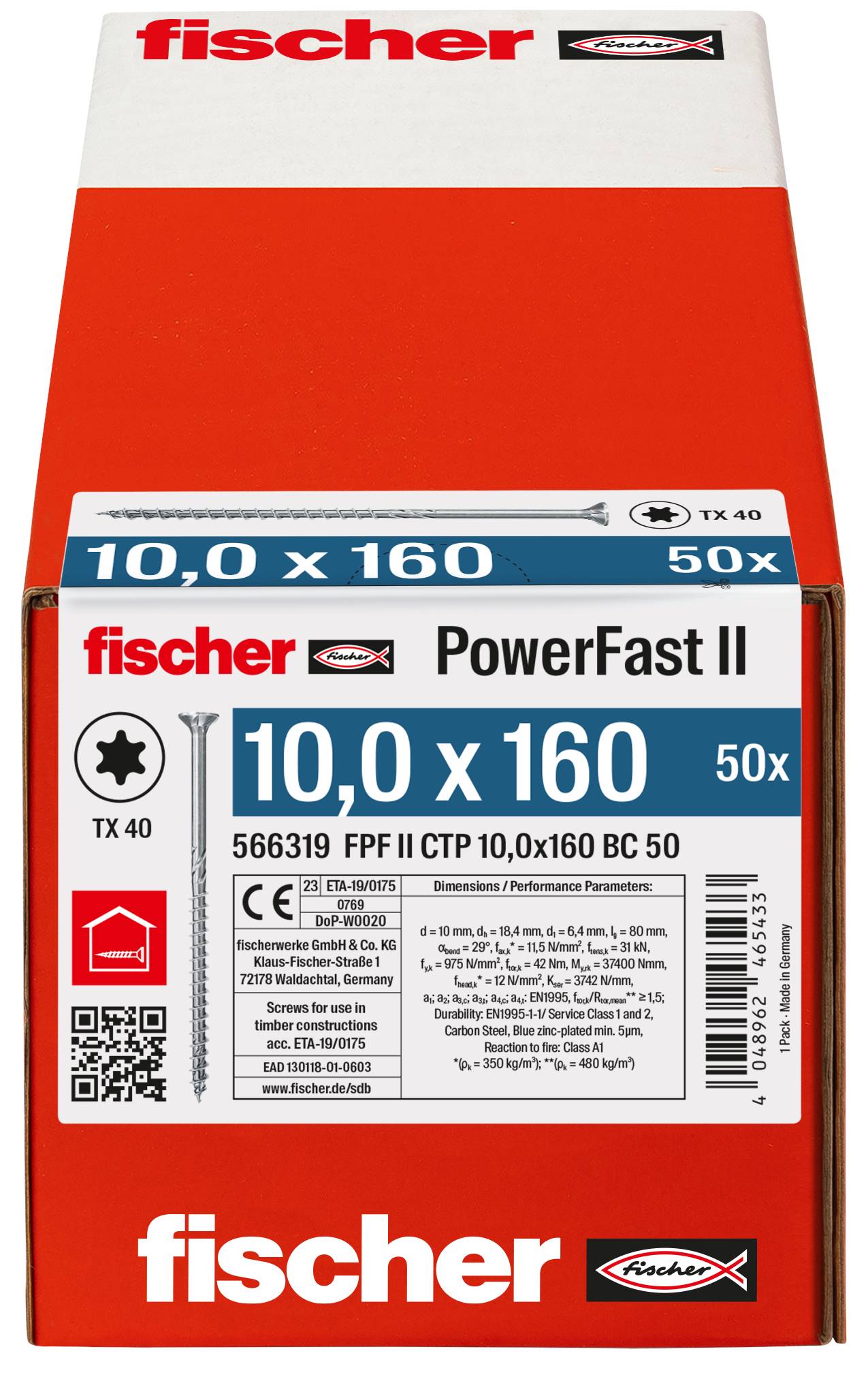 Červená krabica skrutiek Fischer PowerFast II s označením 10,0 x 160, 50 ks, s podrobnosťami produktu a QR kódom na prednej strane.