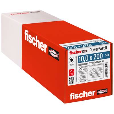 Červená krabica skrutiek Red Fischer PowerFast II označená 10,0 x 200, balenie 50 kusov, zobrazená v pohľade na obchodný obal produktu.