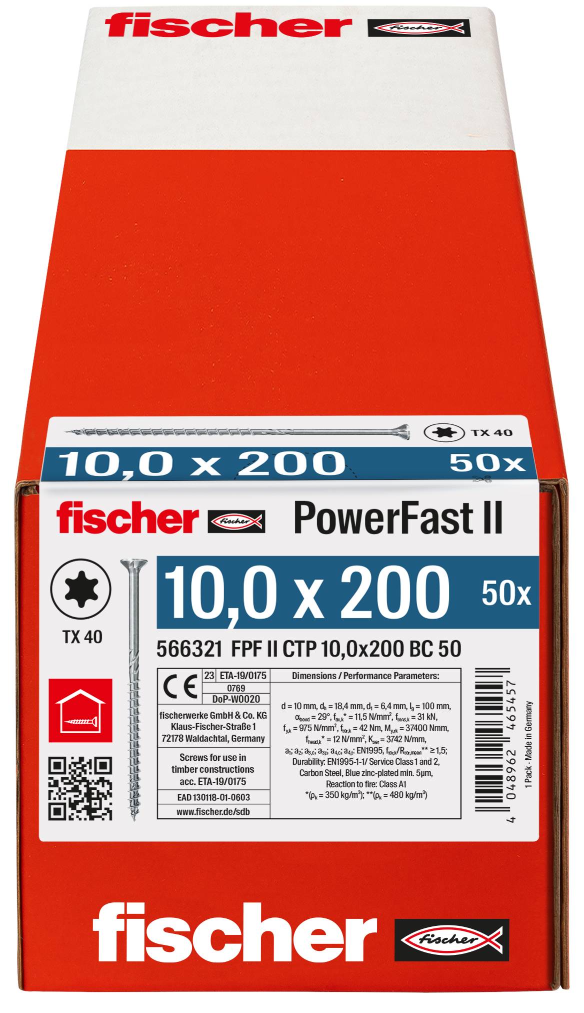 Krabica Fischer PowerFast II s 50 kusmi skrutiek TX40 10,0 x 200, zobrazená spredu s označením produktu a technickými špecifikáciami.