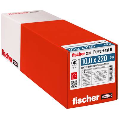 Produktová krabica na Fischer PowerFast II skrutky, označená '10,0 x 220' a '50x', zobrazená v červeno-bielom balení.