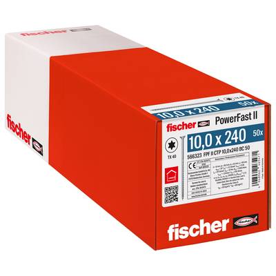 Krabička skrutiek Fischer PowerFast II, označená „10,0 x 240" a „50x", zobrazená v červeno-bielom balení.