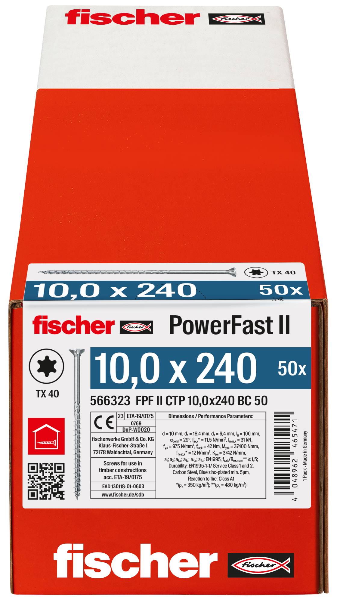 Červená a biela krabica skrutiek Fischer PowerFast II s označením 10.0 x 240, 50x, TX 40, s podrobnosťami produktu na prednej strane.