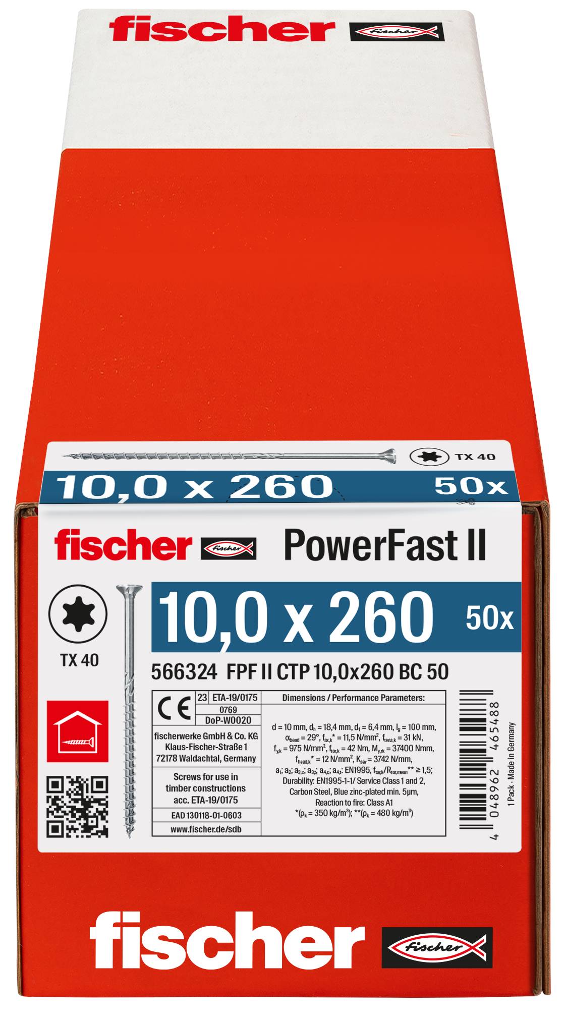 Balík skrutiek fischer PowerFast II, označený „10.0 x 260" a „50x", s podrobnosťami o produkte a logom značky na červeno-bielom obale.