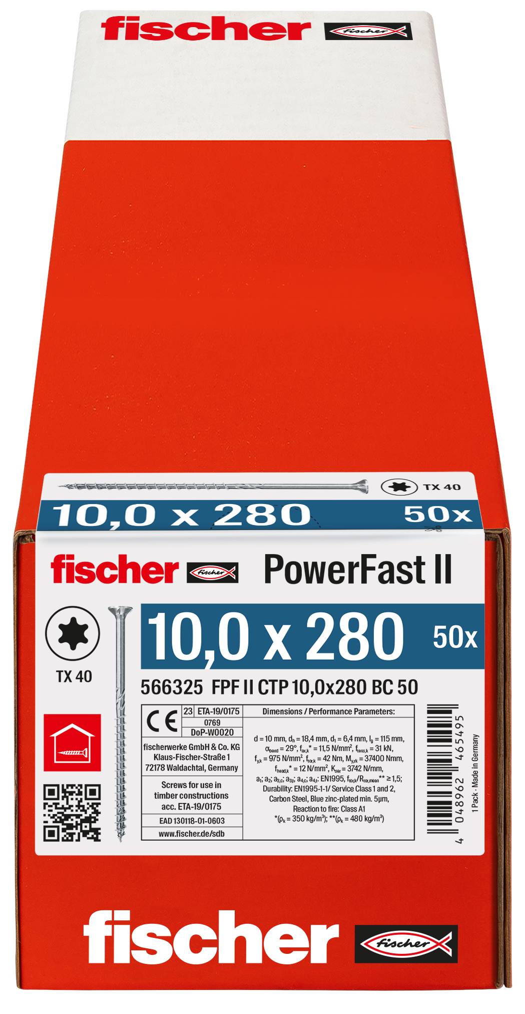 Krabica skrutiek do dreva Fischer PowerFast II, označená 10,0 x 280, TX 40, 50x, zobrazená v červeno-bielom balení.