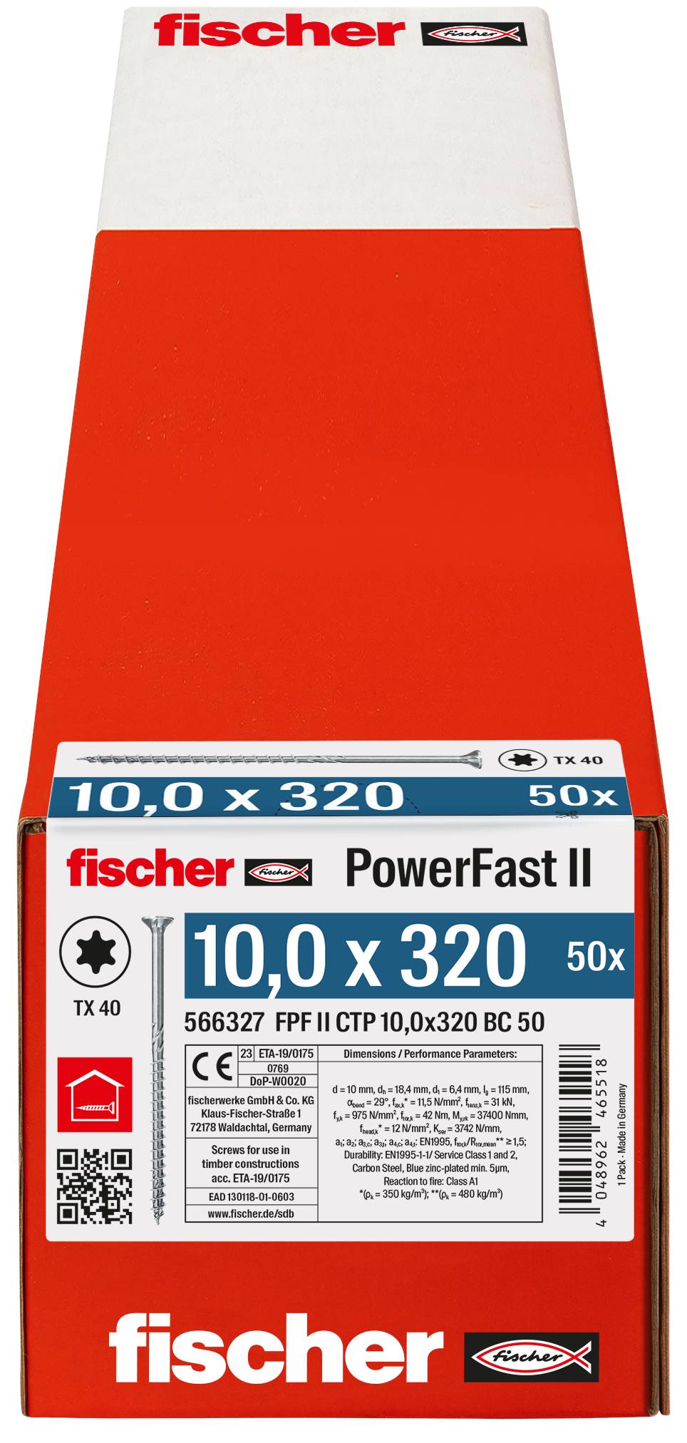 fischer PowerFast II krabica s 50 skrutkami TX40, veľkosť 10,0 x 320, červeno-bialy obal